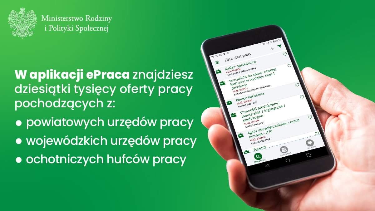 Grafika przedstawiająca oferty pracy wyświetlane na ekranie telefonu.