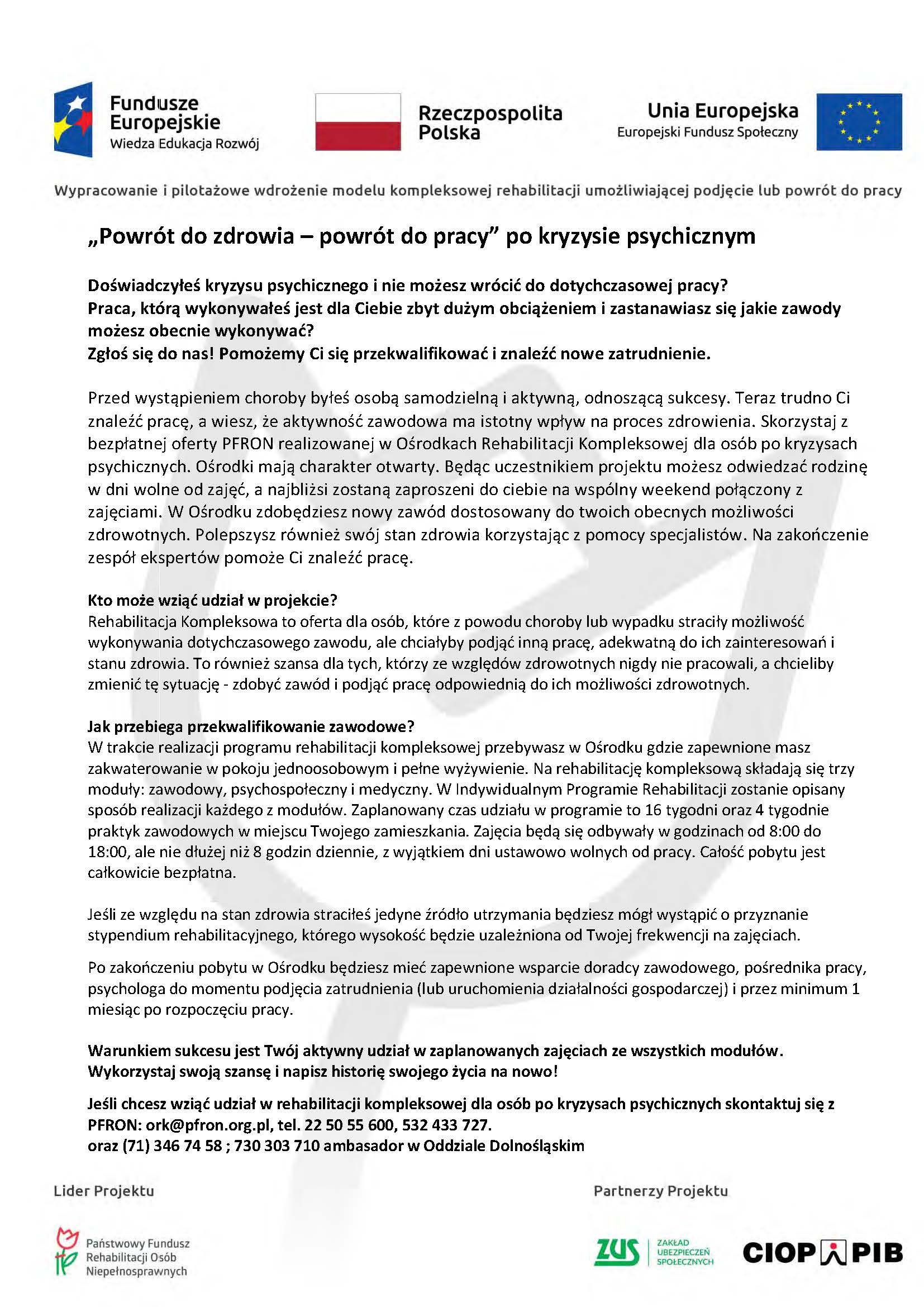 PO KRYZYSIE PSYCHICZNYM - Program Kompleksowej Rehabilitacji POWRÓT DO ZDROWIA-POWRÓT DO PRACY